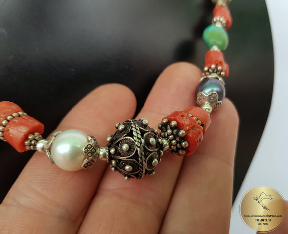 Multi Gemstone Necklace w Freshwater Pearl & Natural Mediterranean Coral, Dubrovnik Filigree Ball, Orange Coral, Turquoise, Lapis Lazuli