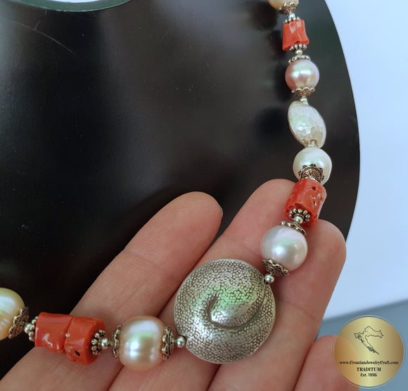 Unique Artisan Statement Necklace, Multicolor Freshwater Pearl & Old Natural Mediterranean Coral Necklace, Solid Sterling Silver Metalwork