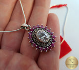 Flower Shaped Ruby Pendant w White Topaz & Marcasite, Sterling Silver Pendant, Genuine Gemstone Pendant, Red Stone Pendant, Natural Ruby