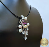 Colorful Reacme Shaped Violet Stone Pendant, Faceted Amethyst, White Topaz, Natural Multicolor Freshwater Pearl ( white, silver and peach )