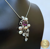 Colorful Reacme Shaped Violet Stone Pendant, Faceted Amethyst, White Topaz, Natural Multicolor Freshwater Pearl ( white, silver and peach )