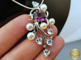 Colorful Reacme Shaped Violet Stone Pendant, Faceted Amethyst, White Topaz, Natural Multicolor Freshwater Pearl ( white, silver and peach )