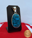 Oval Shaped Blue Turquoise Pendant, Sterling Silver Simple Blue Stone Pendant, Handmade Jewelry