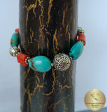 Unique Statement Bracelet, Turquoise and Coral Bracelet, Precious Untreated Mediterraenan Coral, Floral Ball Bracelet, Wedding Jewelry