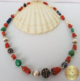 Multi Gemstone Necklace w Freshwater Pearl & Natural Mediterranean Coral, Dubrovnik Filigree Ball, Orange Coral, Turquoise, Lapis Lazuli
