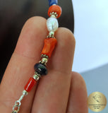 Multi Gemstone Necklace w Freshwater Pearl & Natural Mediterranean Coral, Dubrovnik Filigree Ball, Orange Coral, Turquoise, Lapis Lazuli
