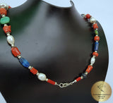 Multi Gemstone Necklace w Freshwater Pearl & Natural Mediterranean Coral, Dubrovnik Filigree Ball, Orange Coral, Turquoise, Lapis Lazuli