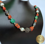 Multi Gemstone Necklace w Freshwater Pearl & Natural Mediterranean Coral, Dubrovnik Filigree Ball, Orange Coral, Turquoise, Lapis Lazuli