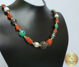 Multi Gemstone Necklace w Freshwater Pearl & Natural Mediterranean Coral, Dubrovnik Filigree Ball, Orange Coral, Turquoise, Lapis Lazuli