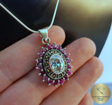 Flower Shaped Ruby Pendant w White Topaz & Marcasite, Sterling Silver Pendant, Genuine Gemstone Pendant, Red Stone Pendant, Natural Ruby