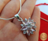 Flower Shaped Rose Quartz Pendant w White Zircon, Rose Gemstone Sterling Silver Pendant, Genuine Gemstone Pendant, Rose Stone Pendant