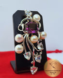 Colorful Reacme Shaped Violet Stone Pendant, Faceted Amethyst, White Topaz, Natural Multicolor Freshwater Pearl ( white, silver and peach )