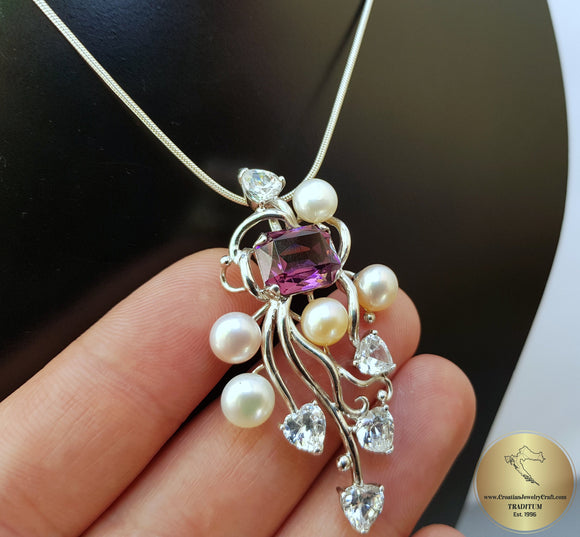 Colorful Reacme Shaped Violet Stone Pendant, Faceted Amethyst, White Topaz, Natural Multicolor Freshwater Pearl ( white, silver and peach )