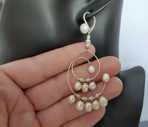 Long Pearl Earrings, Large Pearl Earrings, Wedding White Pearl Earrings, Unique Handmade Dangle Pearl Earrings, Silver Pearl Earrings
