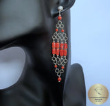 Red Coral Chandelier Earrings, Long Earrings, Undyed Mediterranean Coral Statement Earrings, Unique Artisan Earrings, Silver Bridal Earrings