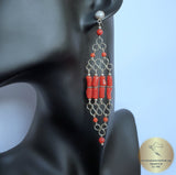 Red Coral Chandelier Earrings, Long Earrings, Undyed Mediterranean Coral Statement Earrings, Unique Artisan Earrings, Silver Bridal Earrings