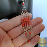 Red Coral Chandelier Earrings, Long Earrings, Undyed Mediterranean Coral Statement Earrings, Unique Artisan Earrings, Silver Bridal Earrings