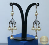 Long White Pearl Earrings, Unique Handmade Sterling Silver Filigree Earrings, Natural Freshwater Pearl Dangle Earrings, Chandelier Earrings