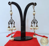 Long White Pearl Earrings, Unique Handmade Sterling Silver Filigree Earrings, Natural Freshwater Pearl Dangle Earrings, Chandelier Earrings