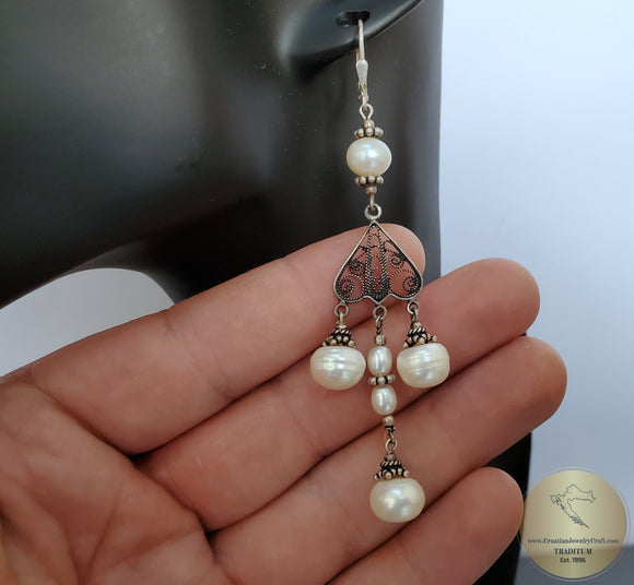 Long White Pearl Earrings, Unique Handmade Sterling Silver Filigree Earrings, Natural Freshwater Pearl Dangle Earrings, Chandelier Earrings