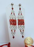 Red Coral Chandelier Earrings, Long Earrings, Undyed Mediterranean Coral Statement Earrings, Unique Artisan Earrings, Silver Bridal Earrings