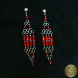 Red Coral Chandelier Earrings, Long Earrings, Undyed Mediterranean Coral Statement Earrings, Unique Artisan Earrings, Silver Bridal Earrings