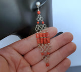 Red Coral Chandelier Earrings, Long Earrings, Undyed Mediterranean Coral Statement Earrings, Unique Artisan Earrings, Silver Bridal Earrings