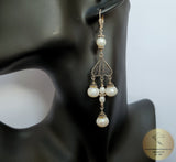 Long White Pearl Earrings, Unique Handmade Sterling Silver Filigree Earrings, Natural Freshwater Pearl Dangle Earrings, Chandelier Earrings