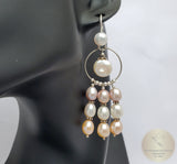 Multicolor Pearl Chandelier Earrings, Long Pearl Earrings, Unique Statement Earrings, Dangle Pearl Bridal Earrings, Sterling Pearl Earrings