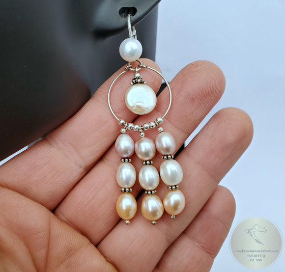 Multicolor Pearl Chandelier Earrings, Long Pearl Earrings, Unique Statement Earrings, Dangle Pearl Bridal Earrings, Sterling Pearl Earrings