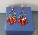 Unique Long Red Coral Earrings, Large Sterling Silver Chandelier Filigree Earrings, Precious Untreated Mediterranean Coral Bridal Earrings