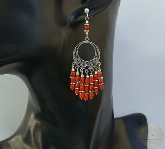 Unique Long Red Coral Earrings, Large Sterling Silver Chandelier Filigree Earrings, Precious Untreated Mediterranean Coral Bridal Earrings