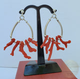 Red Coral Branch Earrings, Unique Mediterranean Red Coral Earrings, Dangle Hoop Earrings, Untreated Coral and Silver, Red Coral Jewelry