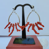 Red Coral Branch Earrings, Unique Mediterranean Red Coral Earrings, Dangle Hoop Earrings, Untreated Coral and Silver, Red Coral Jewelry