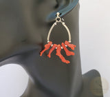 Red Coral Branch Earrings, Unique Mediterranean Red Coral Earrings, Dangle Hoop Earrings, Untreated Coral and Silver, Red Coral Jewelry