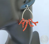 Red Coral Branch Earrings, Unique Mediterranean Red Coral Earrings, Dangle Hoop Earrings, Untreated Coral and Silver, Red Coral Jewelry