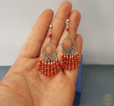 Unique Long Red Coral Earrings, Large Sterling Silver Chandelier Filigree Earrings, Precious Untreated Mediterranean Coral Bridal Earrings