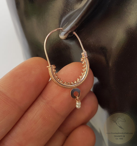 Dubrovnik Filigree Hoop Earrings, Solid Rose Gold Hoops, 14 k Gold Earrings, Ethnic Croatian Bridal Earrings, Pearl Dangle Hoops 14k