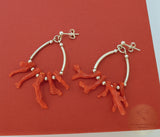 Red Coral Branch Earrings, Unique Mediterranean Red Coral Earrings, Dangle Hoop Earrings, Untreated Coral and Silver, Red Coral Jewelry