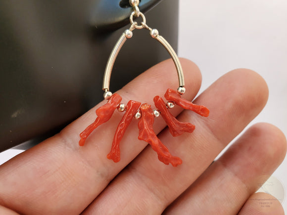 Red Coral Branch Earrings, Unique Mediterranean Red Coral Earrings, Dangle Hoop Earrings, Untreated Coral and Silver, Red Coral Jewelry