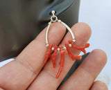 Red Coral Branch Earrings, Unique Mediterranean Red Coral Earrings, Dangle Hoop Earrings, Untreated Coral and Silver, Red Coral Jewelry