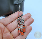 Large Coral Earrings, Long Coral Earrings, Statement Coral Earrings, Mediterranean Coral Chandelier Earrings, Sterling Silver Earrings