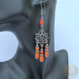 Large Coral Earrings, Long Coral Earrings, Statement Coral Earrings, Mediterranean Coral Chandelier Earrings, Sterling Silver Earrings