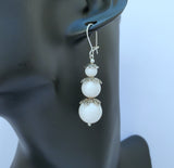 Sterling Silver Triple Beaded Earrings, White Coral Earrings, White Dangle Earrings, Simple White Stone Earrings, Natural Coral Jewelry
