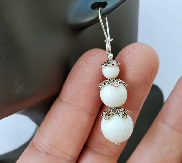 Sterling Silver Triple Beaded Earrings, White Coral Earrings, White Dangle Earrings, Simple White Stone Earrings, Natural Coral Jewelry
