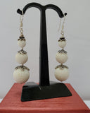 Sterling Silver Triple Beaded Earrings, White Coral Earrings, White Dangle Earrings, Simple White Stone Earrings, Natural Coral Jewelry