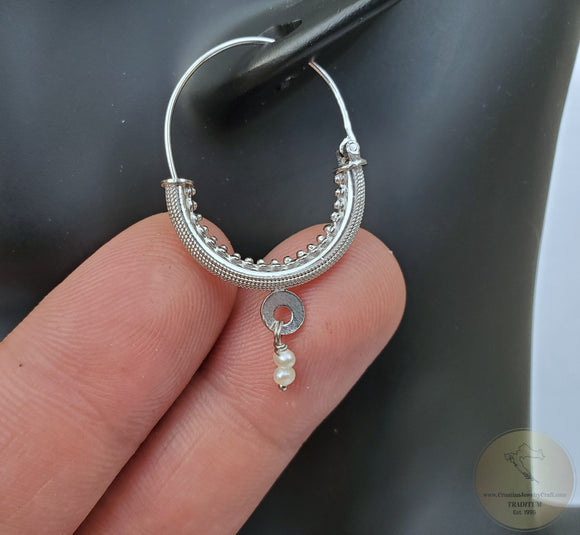 Dubrovnik Filigree Hoop Earrings, Solid White Gold Hoops, 14 k Gold Earrings, Ethnic Croatian Bridal Earrings, Pearl Dangle Hoops 14k