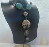 Bold Statement Turquoise Necklace w Vintage Unique Handmade Pendant and Turquoise Gemstone Necklace, Sterling Silver Pendant Necklace, Boho