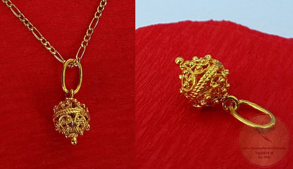 Traditional Croatian Dainty 14k Gold Pendant, Dubrovnik Filigree Ball Pendant, Small Gold Pendant, Solid Yellow Gold Dainty Chain Necklace