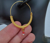 Large 14k Gold Filigree Hoops, Traditional Croatian - Konavle Earrings, Red Coral or White Pearl Dangle Hoops In 14k Gold, Wedding Jewelry